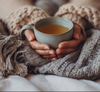 Hands holding a cup of tea with blankets symbolising comfort and reflective space